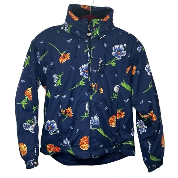Obermeyer Iris Blue Floral Zip Front Insulated Ski Snowboard Hood Coat Women 12 - Picture 3 of 16